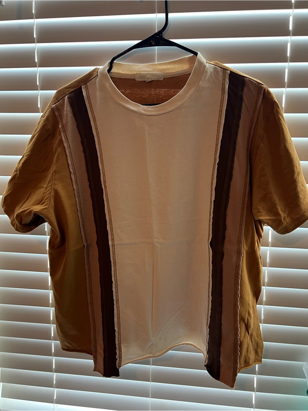 Gilded Intent White and Mustard Short-Sleeve Shirt with Brown Stripes